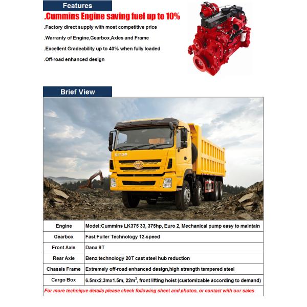 Cummins 375HP 35T 40T 45T 8x4 Tri-Ring 12 wheel off-road Heavy Duty dump truck STQ3314L