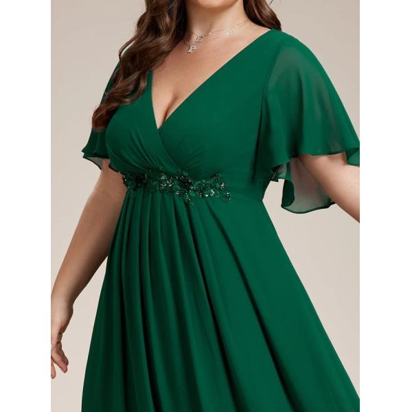 Empire Plus Size Applique Short Sleeve A-line V-neck Flutter Sleeves Invisible Zipper Dark Green Chiffon Bridesmaid Dres