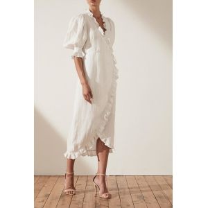 Linen Puff Sleeve Wrap Midi Elegant Dress Cotton Ladies