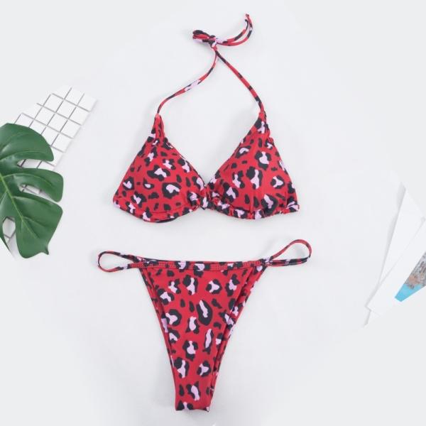 Wrap Halter Triangle Top With Leopard Print Low Waist Bathing Suit Bikini