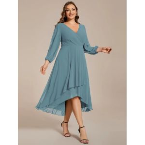Plus Size Ruffled A-line Long Sleeve V-neck High Low Wedding Guest Dusty Blue