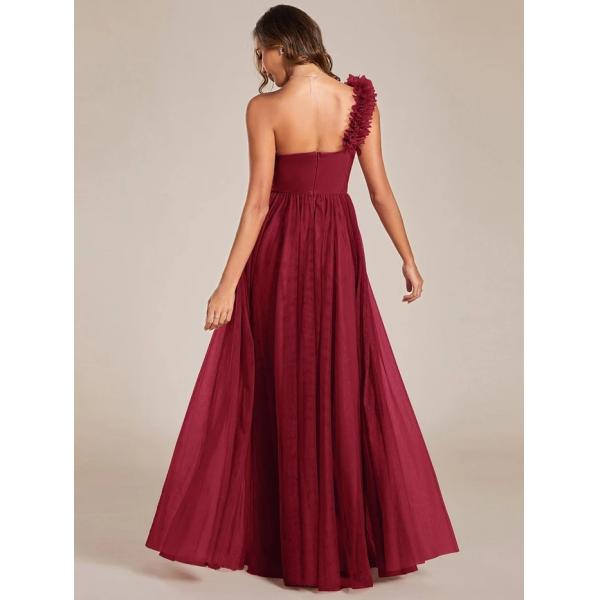 Exquisite One-shoulder Sweetheart Ruffled A-line Zipper Pleated High Slit Burgundy Tulle Evening Dress