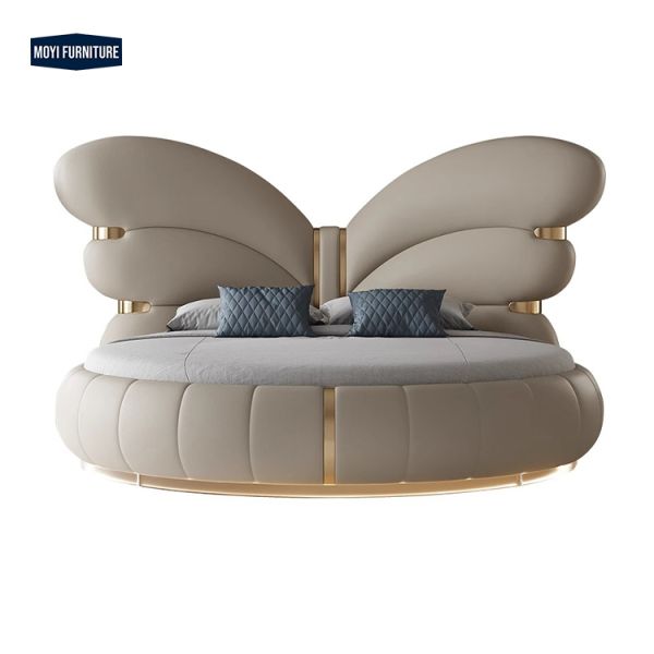 Buy King Size Modern Design Bedroom Furniture Featuring Butterfly Headboard Soft Leather Upholstered Bed Stainless Steel Base at wholesale prices