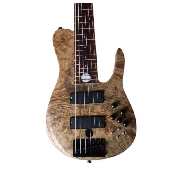 Custom 6 Strings Natural Ash Burl Spalted Maple Top Neck Through Body Electric Bass Guitar Black Imported Hardware, Accept Bass OEM