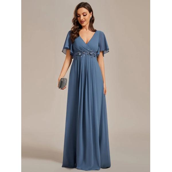 Sexy Empire Applique A-line Short Flutter Sleeves V-neck Invisible Zipper Dusty Navy Chiffon Prom Dress