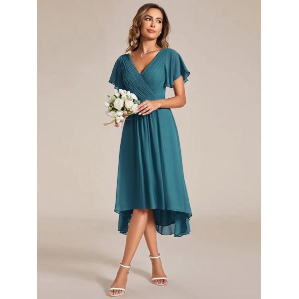 Chic V-neck High-low Short Flutter Sleeves A-line Ruffles Midi Invisible Zipper Teal Chiffon Wedding Bridesmaid Dress