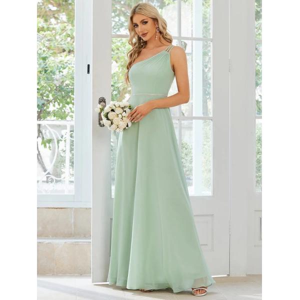 Asymmetry Custom Size Spaghetti Strap One-shoulder A-line Mint Green Flowy Chiffon Bridesmaid Dress