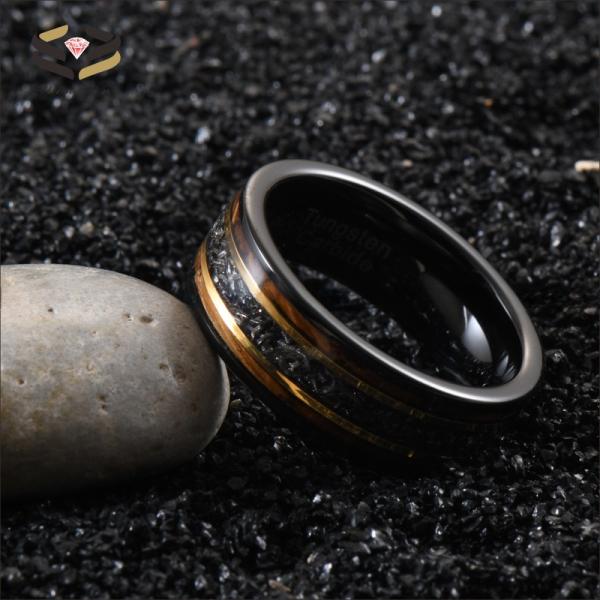 8mm Tungsten Carbide Ring with Gold Line Whiskey Barrel Wood and Meteorite Inlay Trendy Men's Anniversary Selection