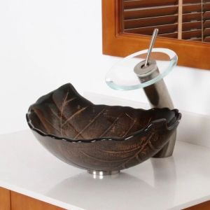 180mm Leaf Shaped Countertop Wash Basin 12mm Thick Brown Hot Melted And Hand Drawing