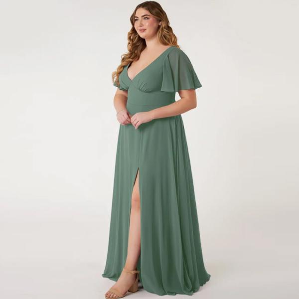 Beautiful Fashionable Flounce Short Sleeve V-Neck Chiffon Long Evening Dress Plus Size Front Split Slit Ruched A-Line