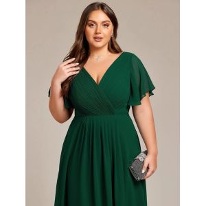 Empire Plus Size V-neck High-low A-line Short Sleeve Ruffled Dark Green Chiffon