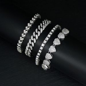 Fashion Women Bracelets Set Rhinestone Heart Cuban Link Chain Hiphop Bracelet