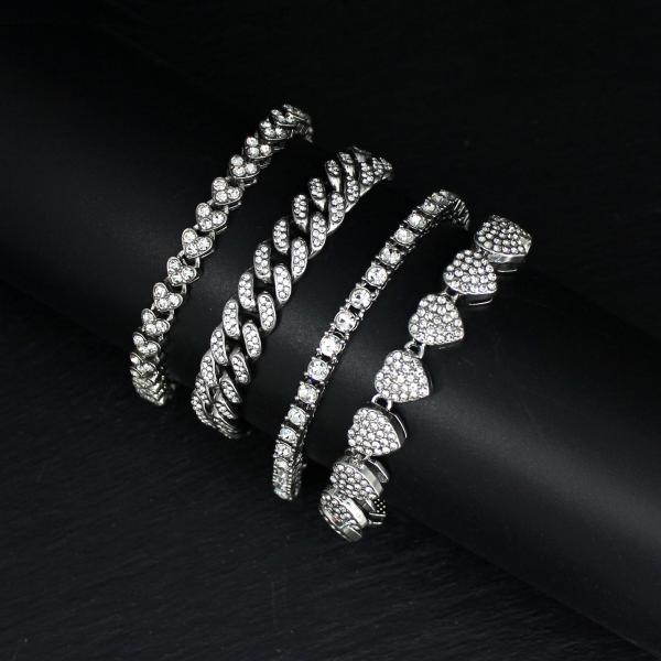 Fashion Women Bracelets Set Rhinestone Heart Cuban Link Chain Hiphop Bracelet