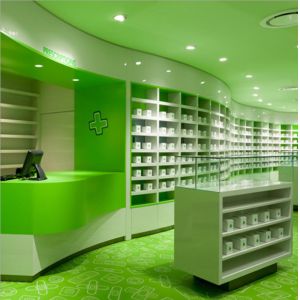 Fashionable Pharmacy Display Cabinet , Green Retail Pharmacy Shelving Multi