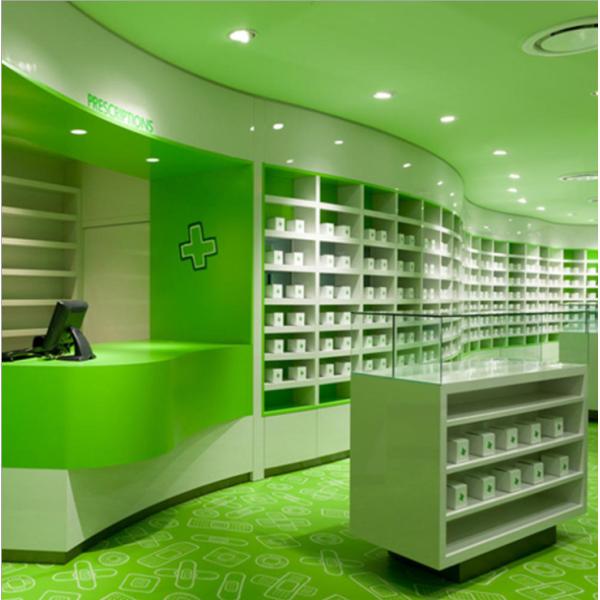 Fashionable Pharmacy Display Cabinet , Green Retail Pharmacy Shelving Multi