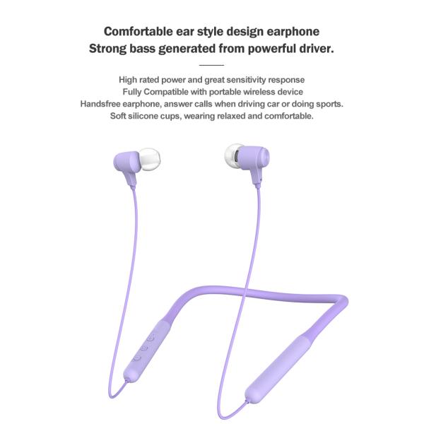 V5.0+ EDR Neck Band True Wireless Stereo Earphones Sports Bluetooth Earbuds Purple