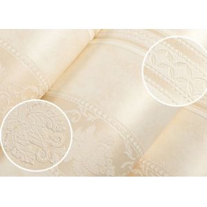 Beige Damask Pattern Non Woven Wallpaper / Embossed Living Room Striped
