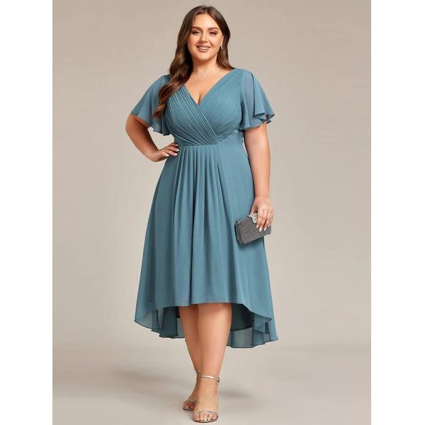 Empire Plus Size V-neck High-low A-line Short Sleeve Ruffled Dusty Blue Chiffon Wedding Guest Cocktail Dress