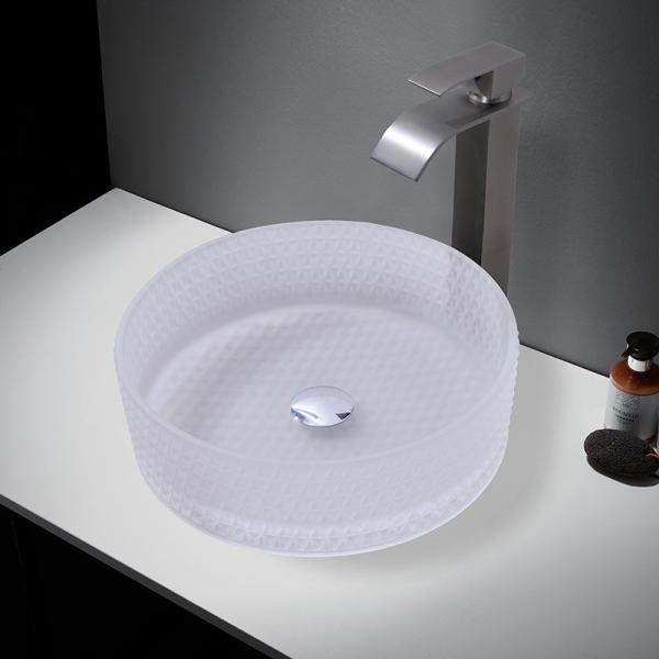 Buy Cylinder Shape Glass Wash Basin With Center Drain Location Acid Matt Glass Vessel Basins at wholesale prices