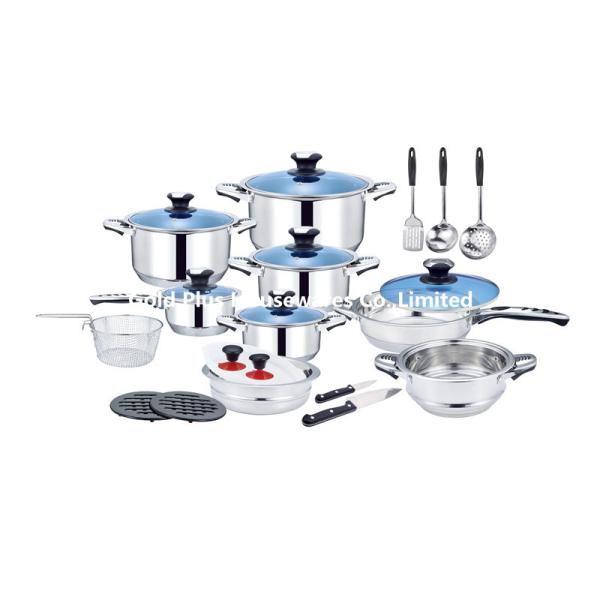 Buy 25pcs Non Stick Soup Pot SS Kitchen Utensils Long Handle With Blue Glass Lid at wholesale prices