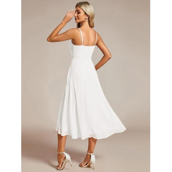 Popular V-neck Spaghetti Strap Empire A-line High-low Chiffon Wedding Guest Dress White Midi Prom Dress