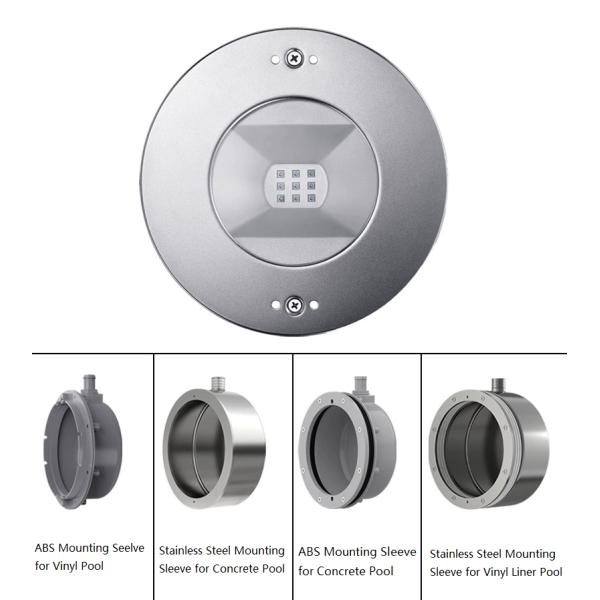 316 stainless steel pool light with ABS or stainless steel mounting sleeve for concrete or vinyl liner pool