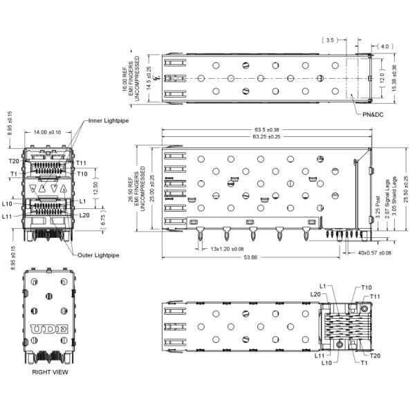 Press-Fit SAA0-ZZ-0001 SFP Cage Assembly With Outer and Inner LightPipe