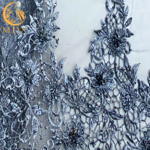 Stylish Customized Grey Lace Fabric Mesh Embroidered Beaded Bridal Fabric