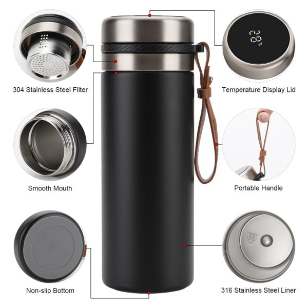 Tea Infuser Bottle Coffee thermos Smart Sports Water Bottle with LED Display Travel Tea Mug with Stainless Steel Filter