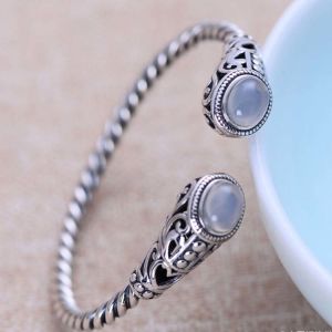 Sterling Silver Cable Bracelet with Chalcedony Open Adjustable Cuff Bracelet