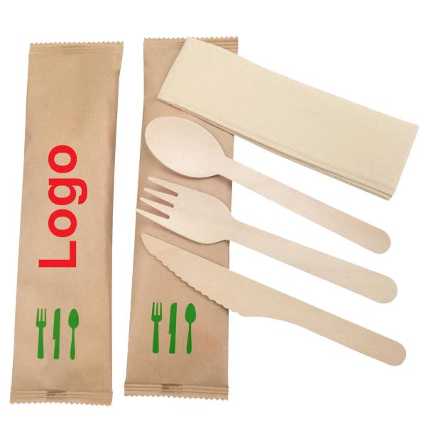 China Supplier Paper Wrapped Cutlery Kit Wooden Spoon Set Wood Fork Knife And Napkin