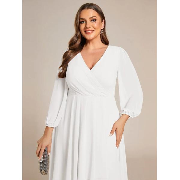 Plus Size Ruffled A-line Long Sleeve V-neck High Low Wedding Guest White Chiffon Party Dress