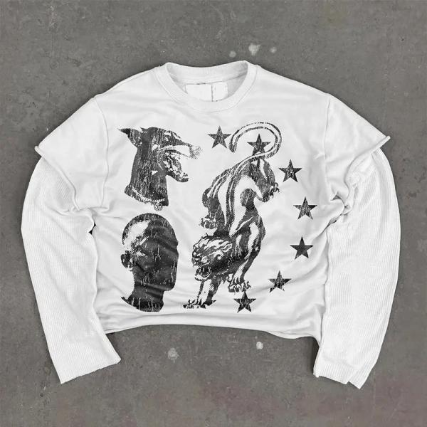 MeiYue Distressed Screen Print T-shirt Vintage Cotton Ripped Double Layer Long Waffle Sleeve Oversized Acid Wash T Shirt for Men