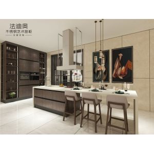 Modern Dark Wood Texture Stainless Steel Kitchen Cabinets With Contrasting