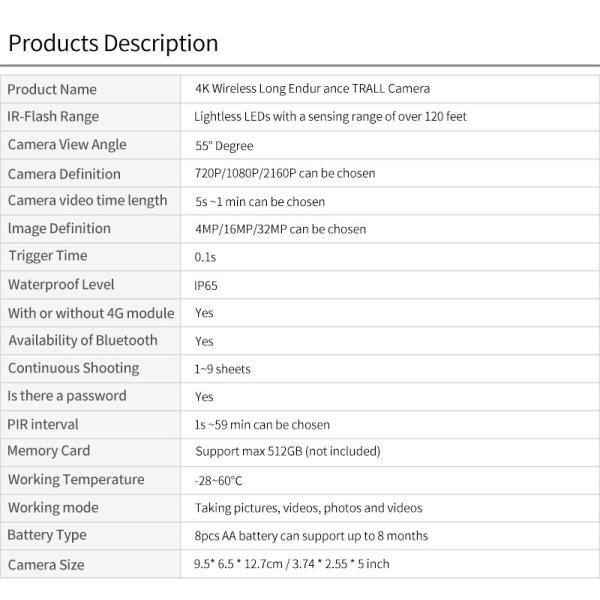 Outdoor Wildlife Hunting Camera up to 512GB Storage 32MP 4K at 30fps KW866 0.25s Response Speed Deer Hunting Camera