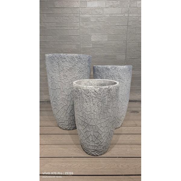 Geometric Cracked - Like Design Grey Round Fiber Clay Planter Mosaic Pattern