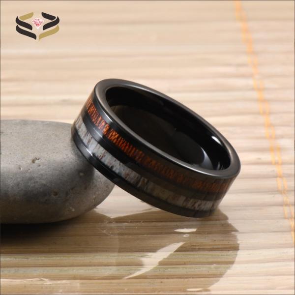 Channel Setting Inlay Technology 8mm Tungsten Carbide Koa Wood Antler Ring for Men and Women Wedding Band Jewelry