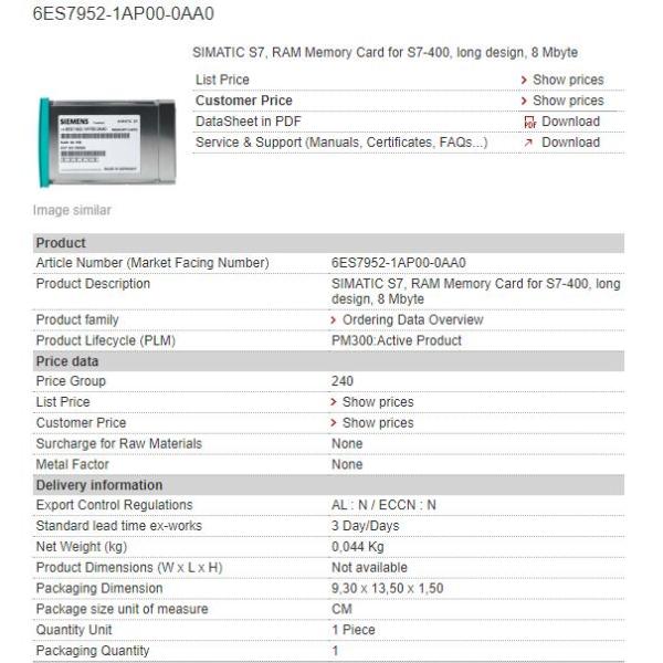 6ES7952-1AP00-0AA0 6ES7 952-1AP00-0AA0 Siemens Memory Card