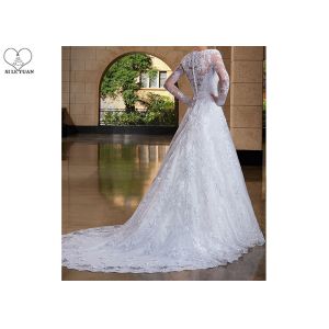Long Tail A Line Bridal Gowns , Long Sleeve Lace Wedding Gown V Neck With Beads