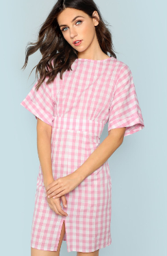 Fall Apparel For Women Rolled Up Sleeve Wide Waistband Plaid Dress
