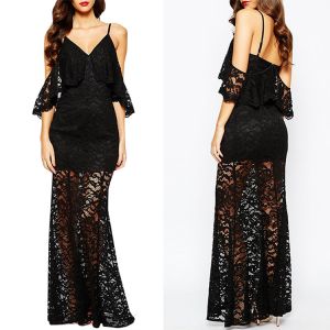 China Elegant Black Sexy Long Lace Maxi Evening Dresses on sale