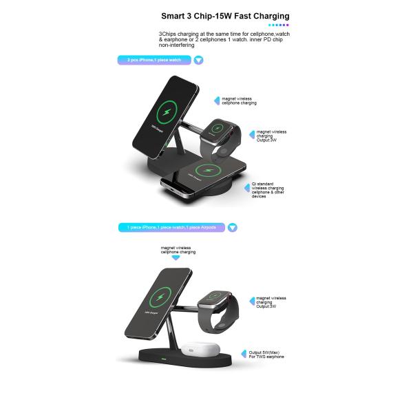 CE/FCC/RoHS Approved 15W Magnetic Wireless Charger for Fast Charging and 2W Watch Charging