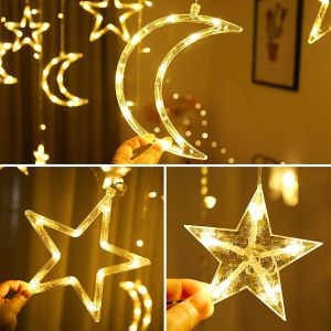 IP44 138LED Solar Powered Curtain Star Moon Lights Twinkle For Backyard