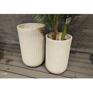 Light Beige Vertically Arranged Thin Stripe Textures Round Fiber Clay Rooftop Gardens Pot