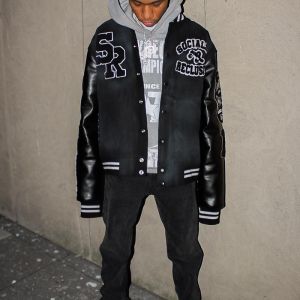 Custom Men Leather Sleeve Chenille Distress Embroidery Black Varsity Jacket