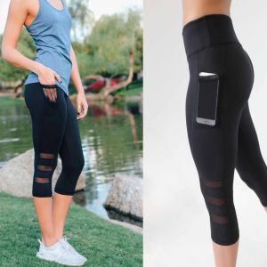 Cropped running leggings side pocket three-piece mesh yoga pants