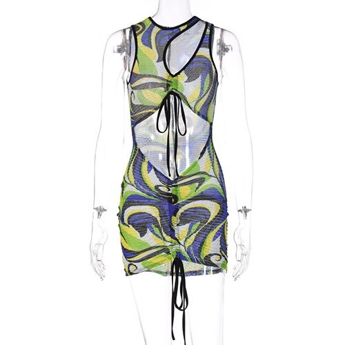 OEM maufactoryEuropean and American style women's clothing 2022 Summer printing round neck sleeveless hollow wrinkle