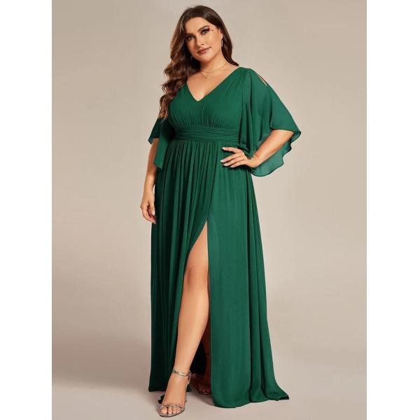 Empire Plus Size V-neck Ruffled A-line Invisible Zipper Half Flutter Sleeves Dark Green Chiffon Party Dress