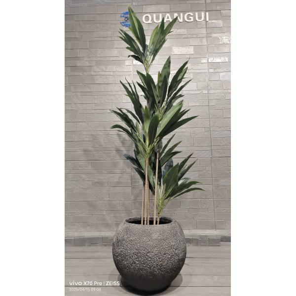 Grey Textured Round Fiber Clay Planter With Natural Rock-like Pattern