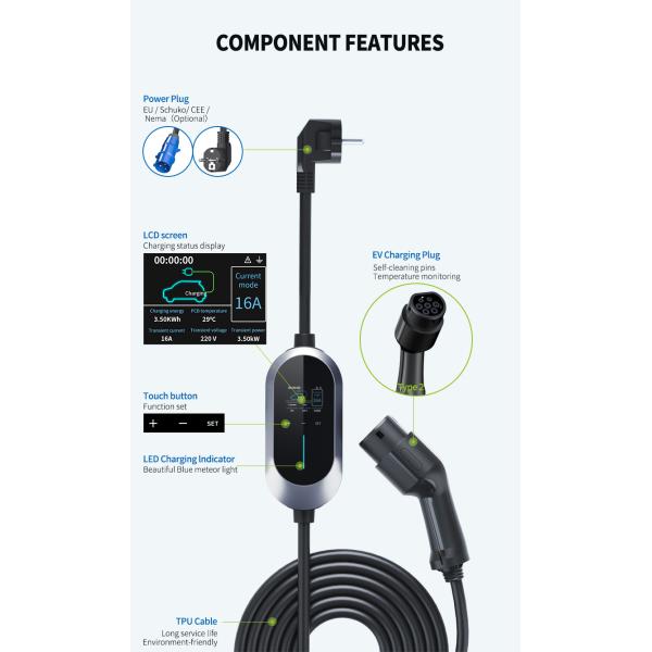 Type 2 Portable EV Charging Pile With Blue CEE 16A 1 Phase Plug